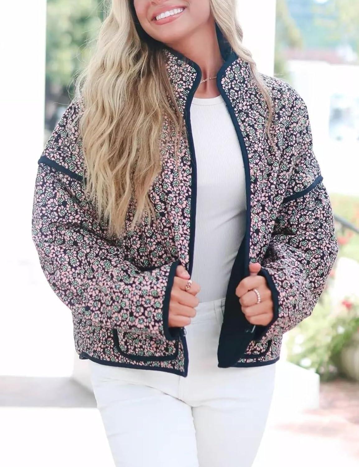 imageArssm Women Floral Quilted Puffer Jacket Cropped Lightweight Patchwork Vintage Padded Short Coat OuterwearGreenfloral