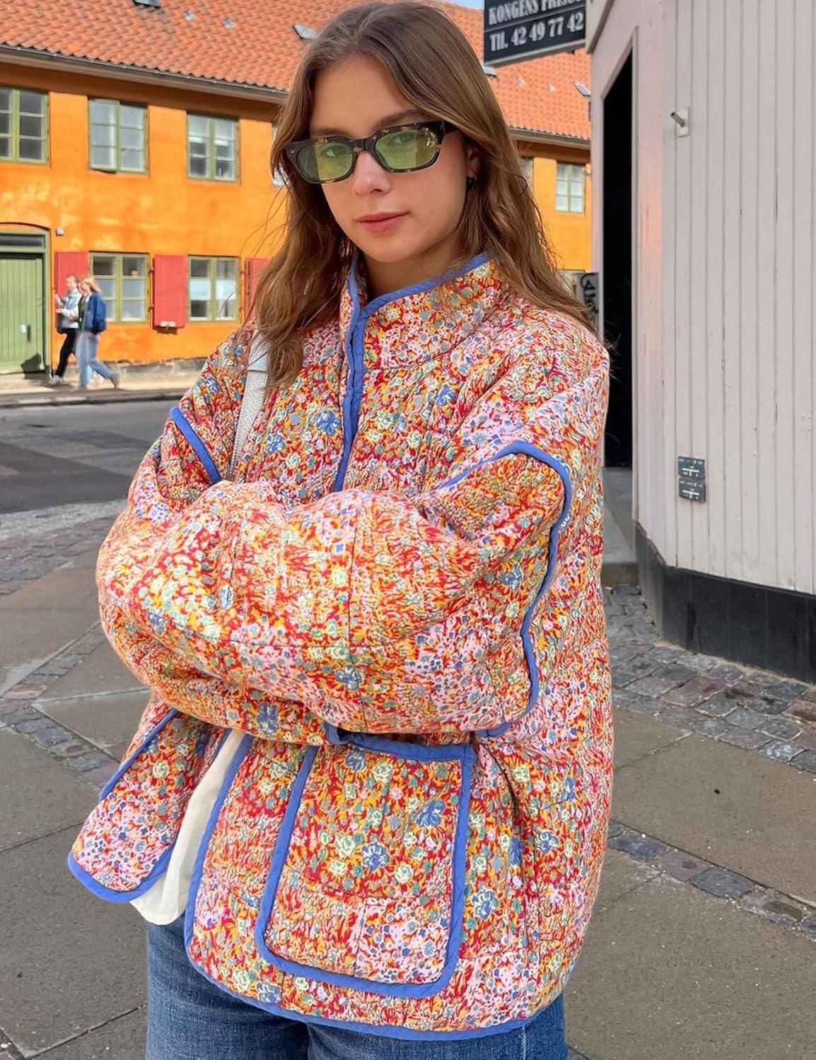 imageArssm Women Floral Quilted Puffer Jacket Cropped Lightweight Patchwork Vintage Padded Short Coat OuterwearOrange