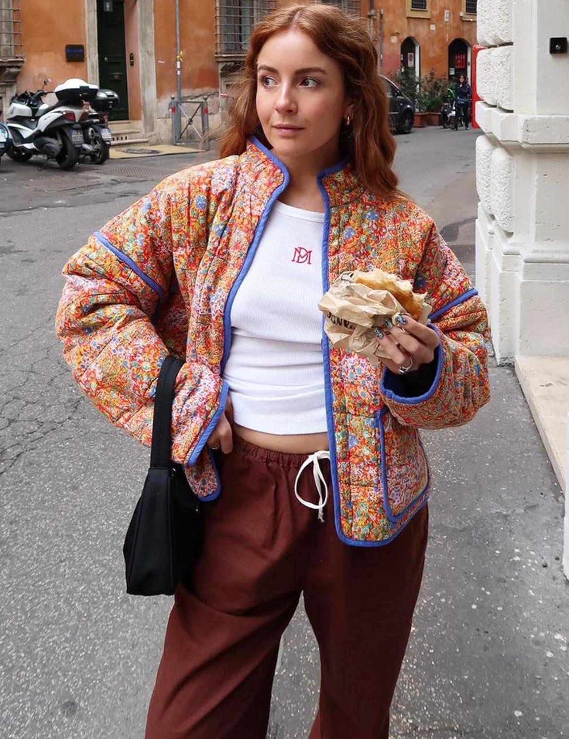 imageArssm Women Floral Quilted Puffer Jacket Cropped Lightweight Patchwork Vintage Padded Short Coat OuterwearOrange