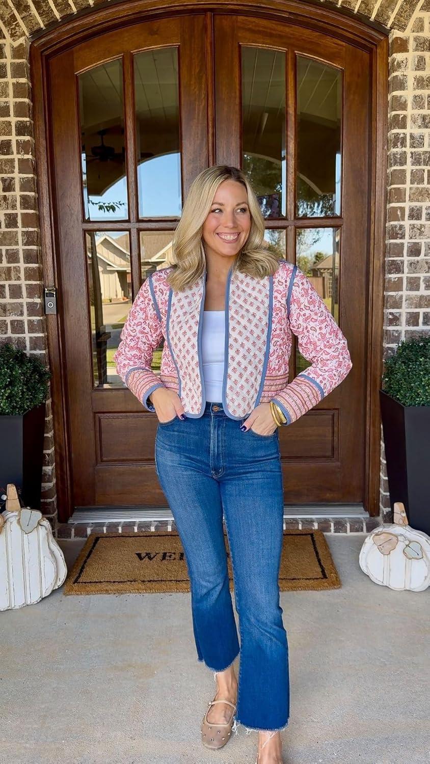 imageArssm Women Floral Quilted Puffer Jacket Cropped Lightweight Patchwork Vintage Padded Short Coat OuterwearPink