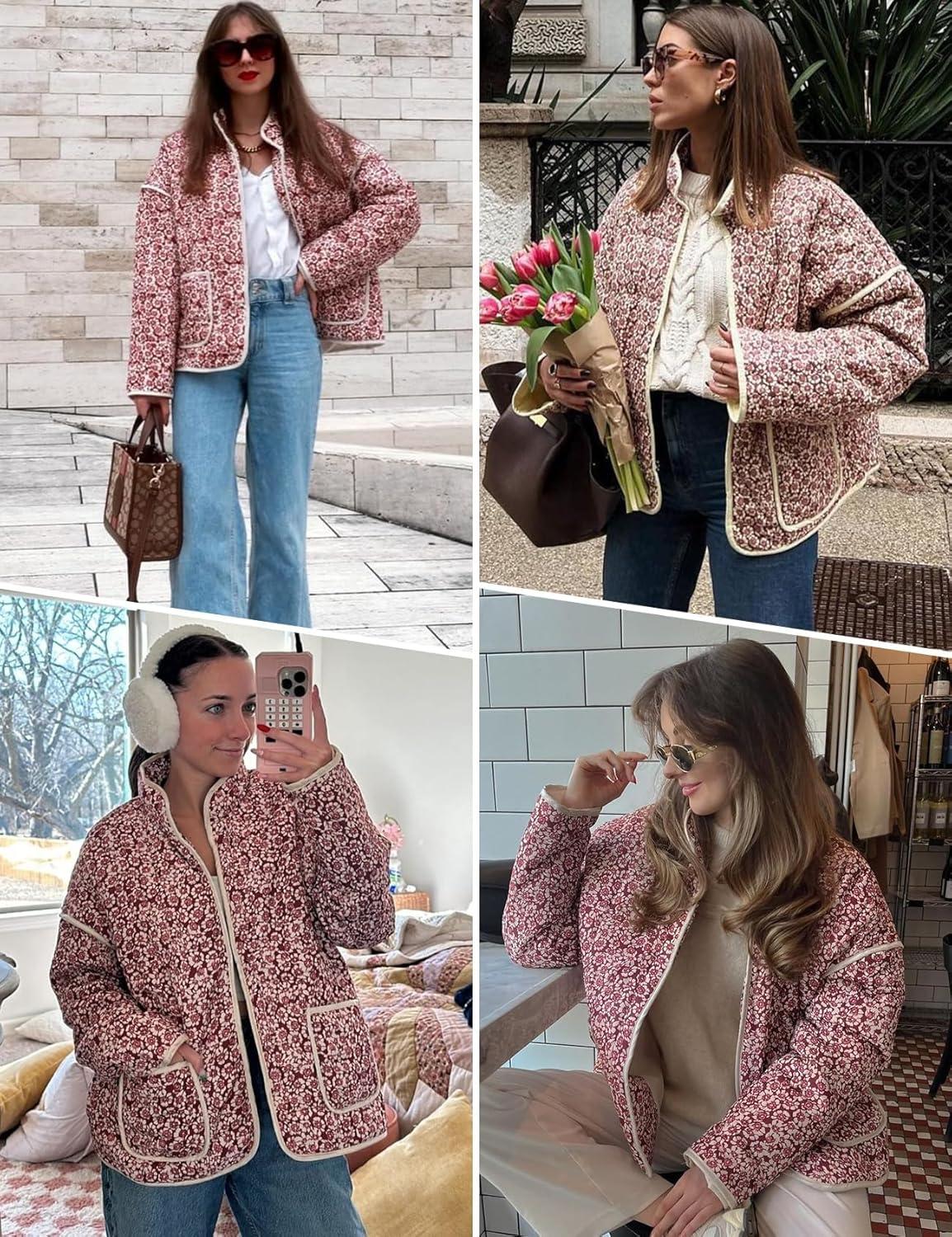 imageArssm Women Floral Quilted Puffer Jacket Cropped Lightweight Patchwork Vintage Padded Short Coat OuterwearRed