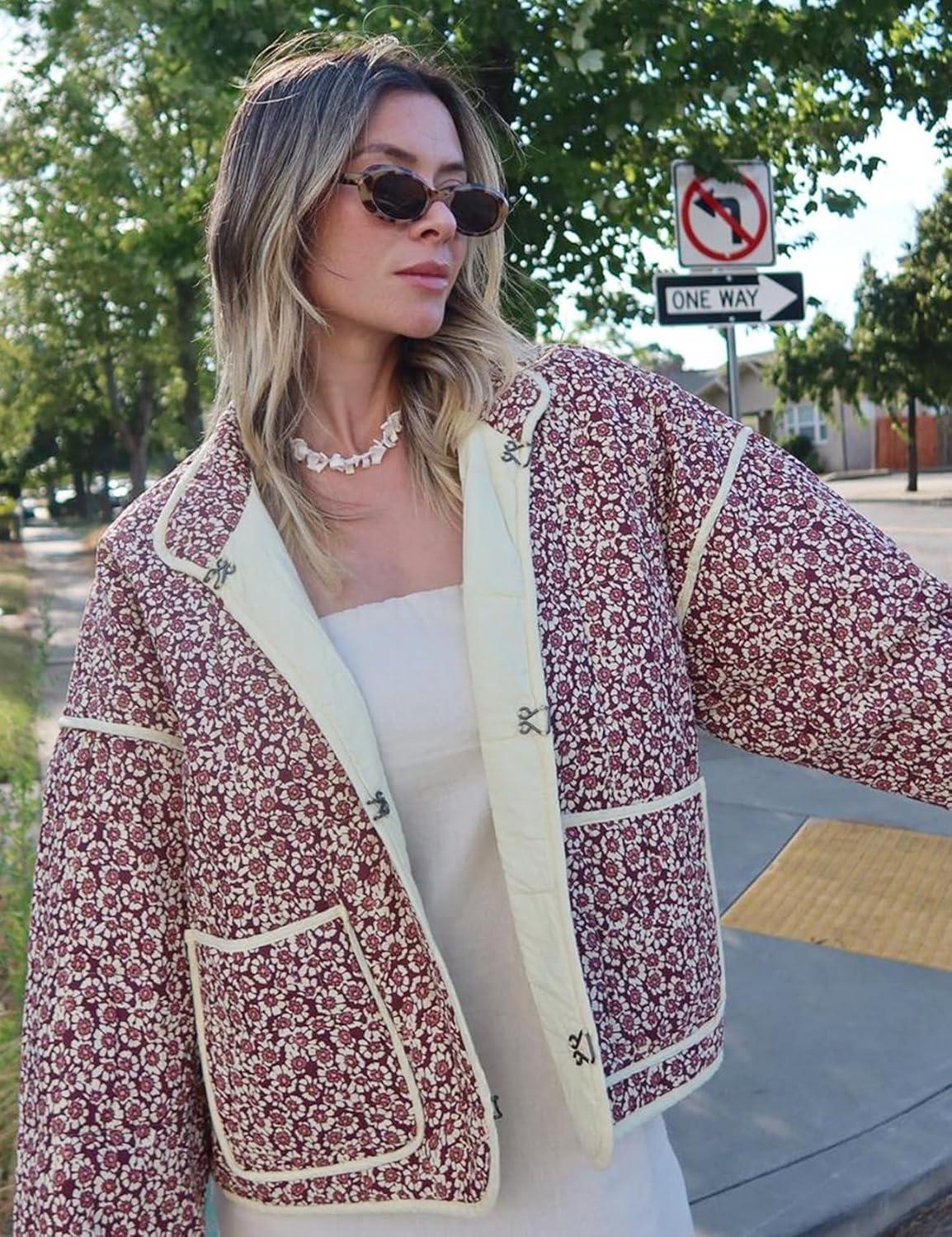 imageArssm Women Floral Quilted Puffer Jacket Cropped Lightweight Patchwork Vintage Padded Short Coat OuterwearRed