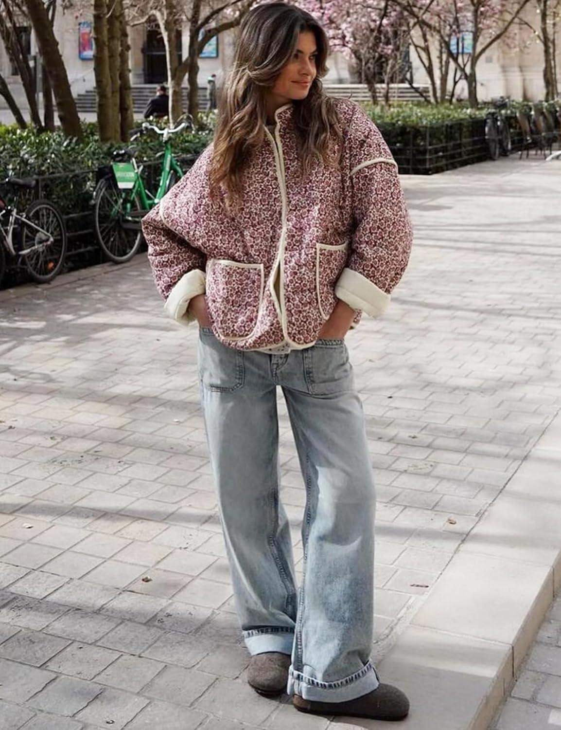 imageArssm Women Floral Quilted Puffer Jacket Cropped Lightweight Patchwork Vintage Padded Short Coat OuterwearRed