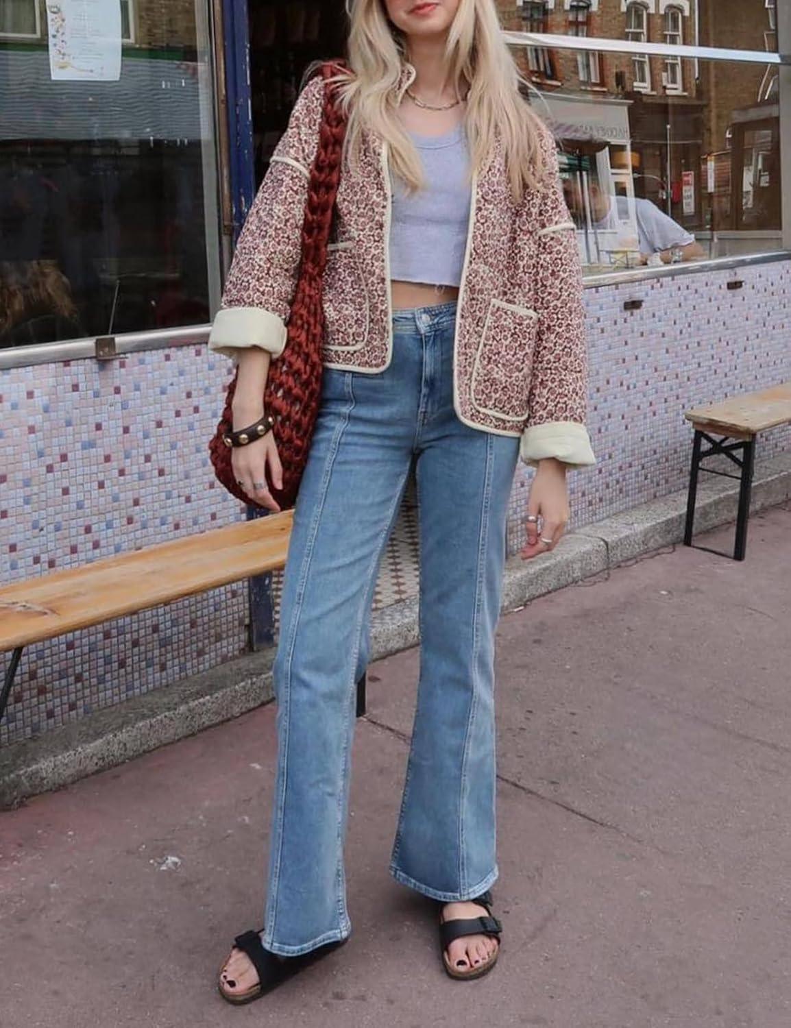 imageArssm Women Floral Quilted Puffer Jacket Cropped Lightweight Patchwork Vintage Padded Short Coat OuterwearRed