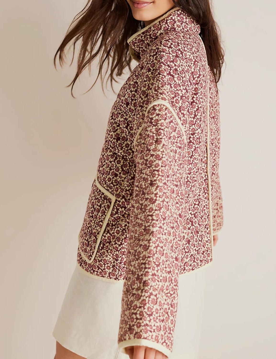 imageArssm Women Floral Quilted Puffer Jacket Cropped Lightweight Patchwork Vintage Padded Short Coat OuterwearRed