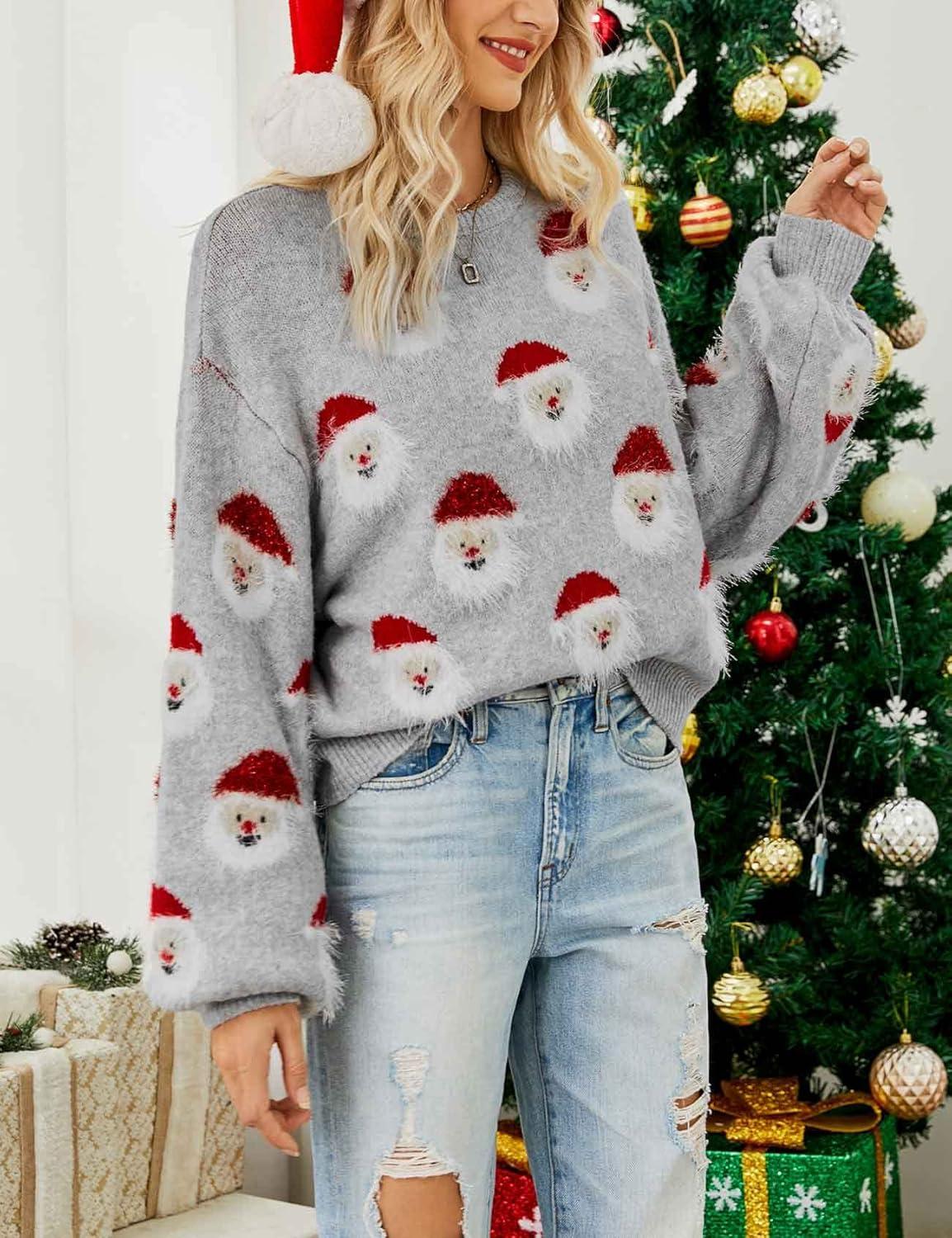 imageArssm Women Santa Sweater Ugly Christmas Sweater Funny Xmas Holiday Party Knitted Cozy Pullover Sweatshirts TopsGrey