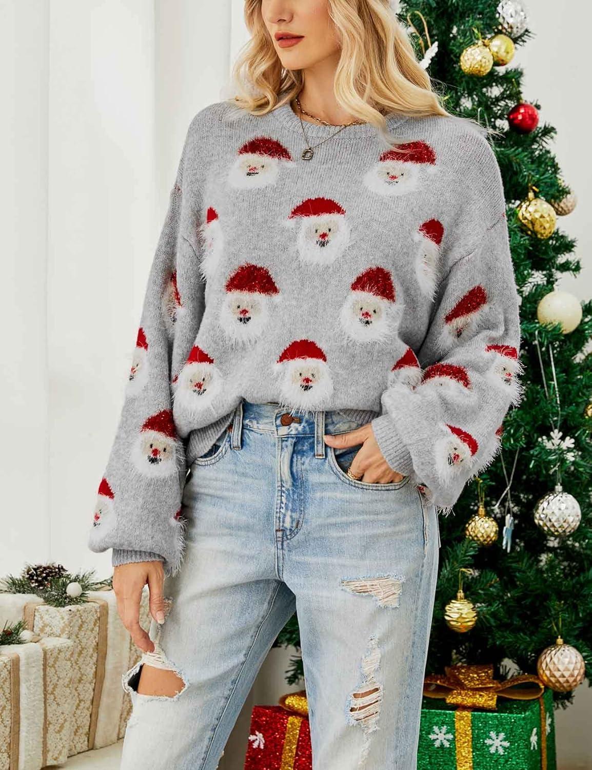 imageArssm Women Santa Sweater Ugly Christmas Sweater Funny Xmas Holiday Party Knitted Cozy Pullover Sweatshirts TopsGrey