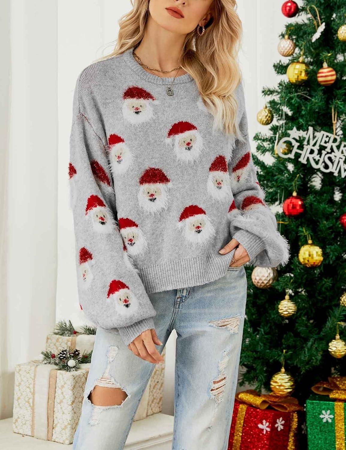 imageArssm Women Santa Sweater Ugly Christmas Sweater Funny Xmas Holiday Party Knitted Cozy Pullover Sweatshirts TopsGrey