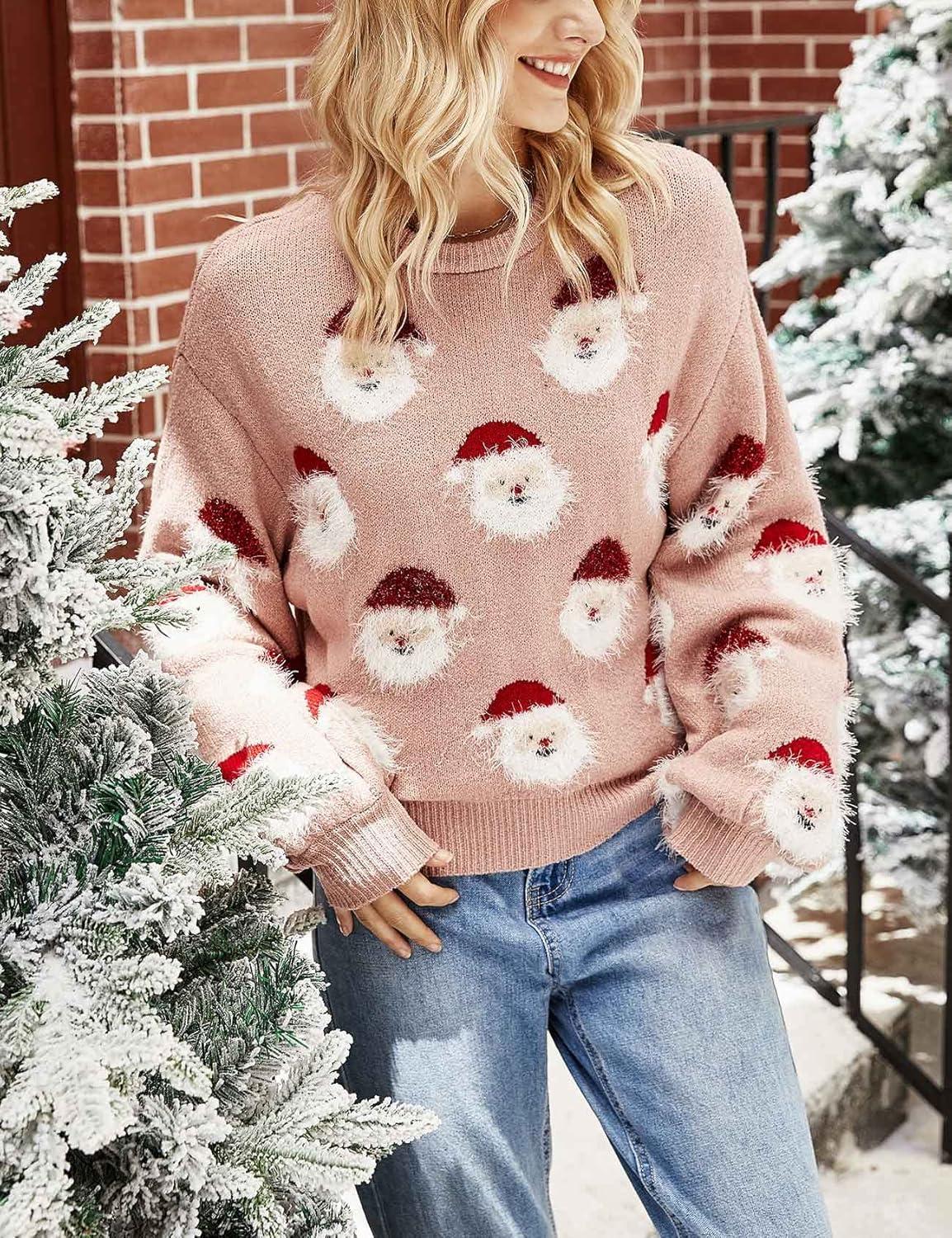 imageArssm Women Santa Sweater Ugly Christmas Sweater Funny Xmas Holiday Party Knitted Cozy Pullover Sweatshirts TopsPink