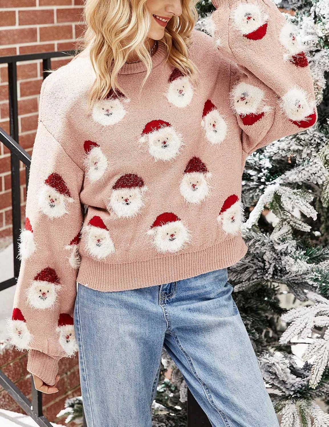 imageArssm Women Santa Sweater Ugly Christmas Sweater Funny Xmas Holiday Party Knitted Cozy Pullover Sweatshirts TopsPink