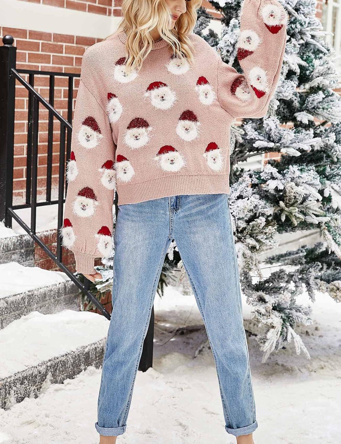 imageArssm Women Santa Sweater Ugly Christmas Sweater Funny Xmas Holiday Party Knitted Cozy Pullover Sweatshirts TopsPink