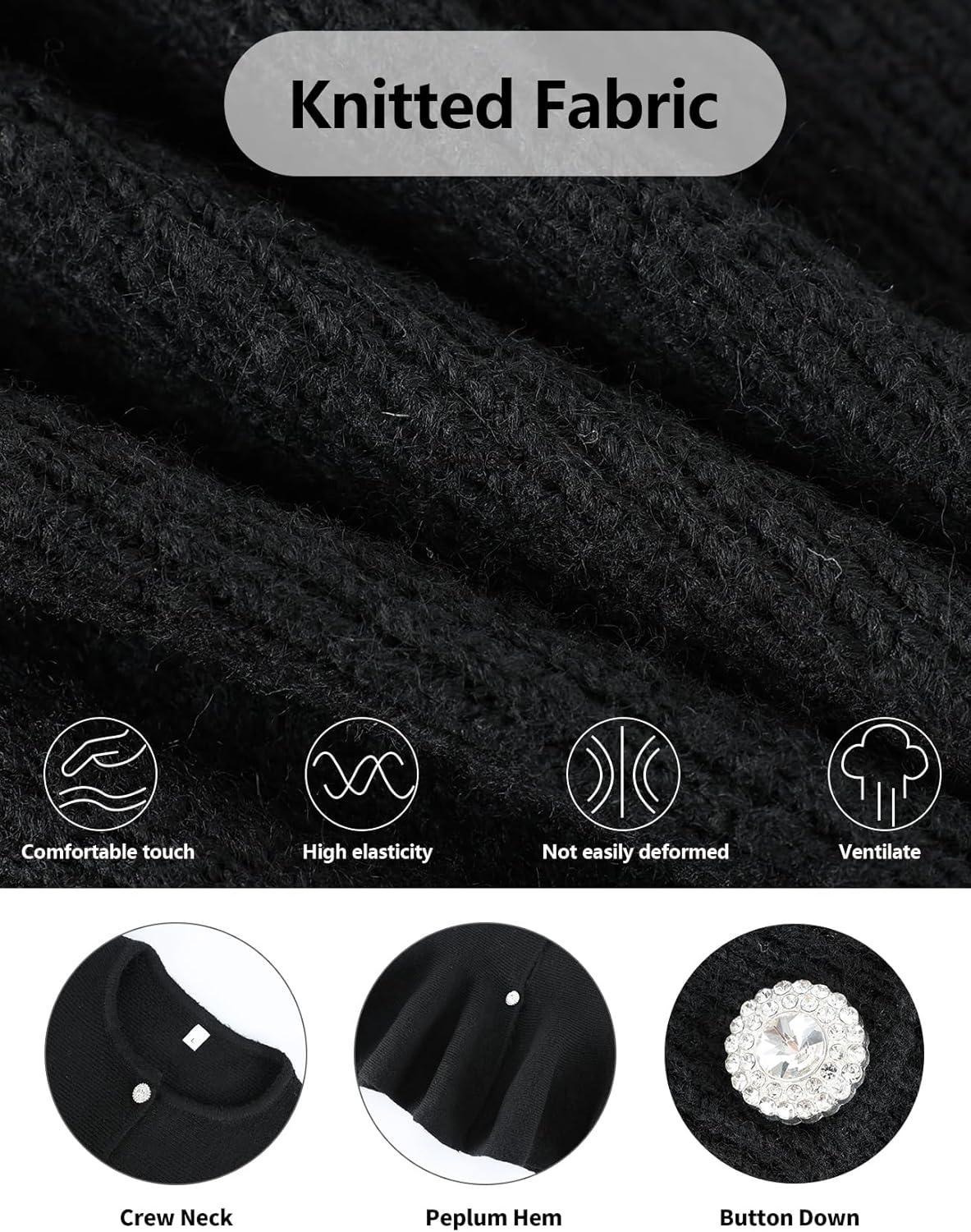 imageArssm Womens Button Down Peplum Sweater Cardigan Long Sleeve Crewneck Lightweight Ribbed Knit TopBlackL