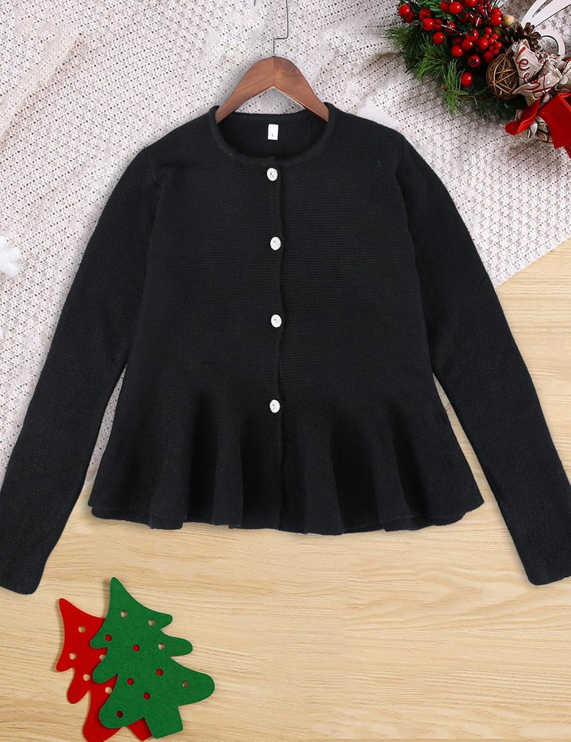 imageArssm Womens Button Down Peplum Sweater Cardigan Long Sleeve Crewneck Lightweight Ribbed Knit TopBlackL