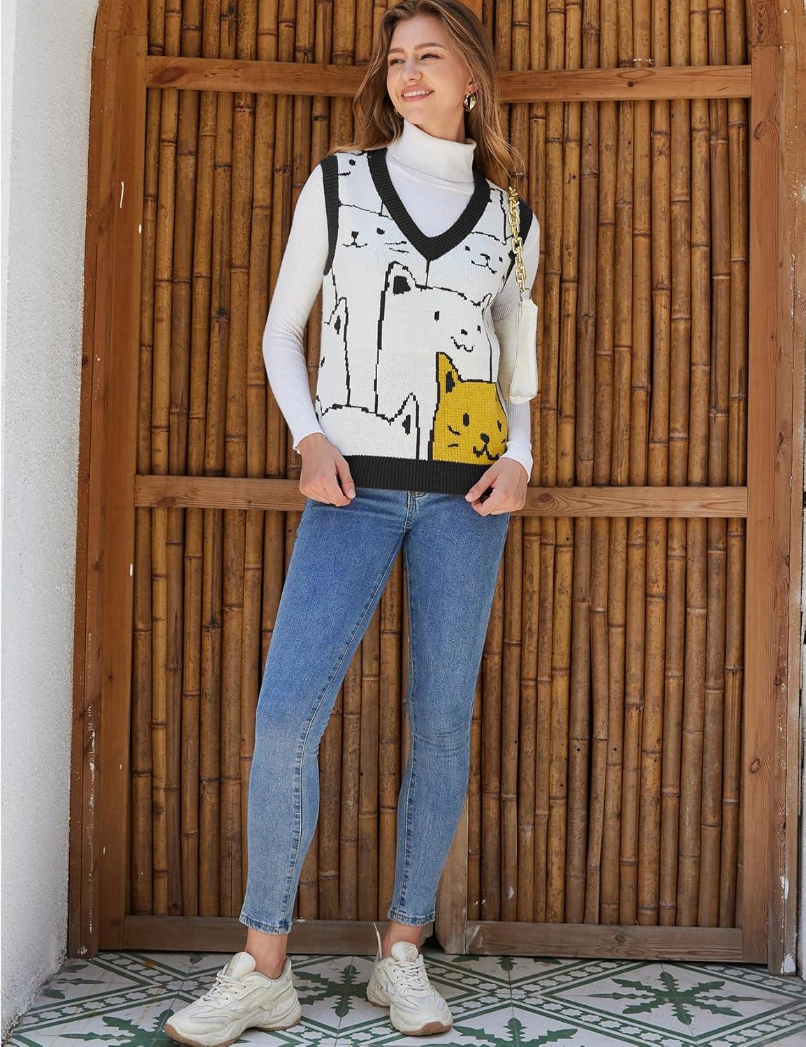 imageArssm Womens Cat Print Pullover Sweater Vest V Neck Sleeveless Knit Vests 2025 Pullover Knitted Tank TopBlack