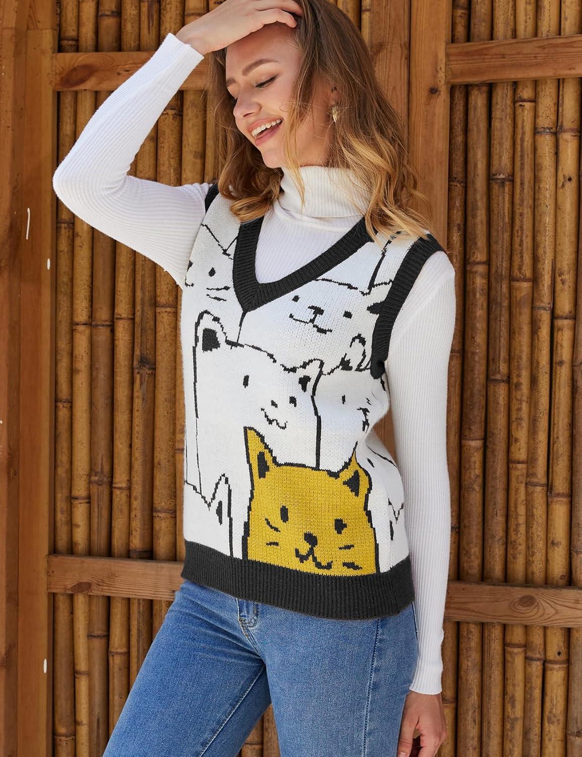 imageArssm Womens Cat Print Pullover Sweater Vest V Neck Sleeveless Knit Vests 2025 Pullover Knitted Tank TopBlack