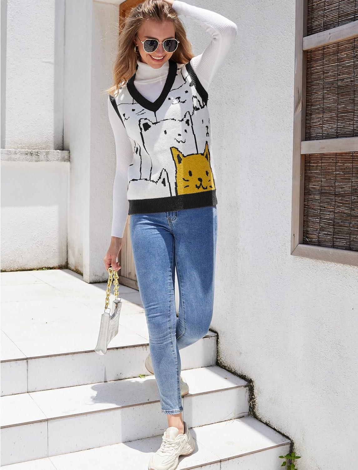 imageArssm Womens Cat Print Pullover Sweater Vest V Neck Sleeveless Knit Vests 2025 Pullover Knitted Tank TopBlack