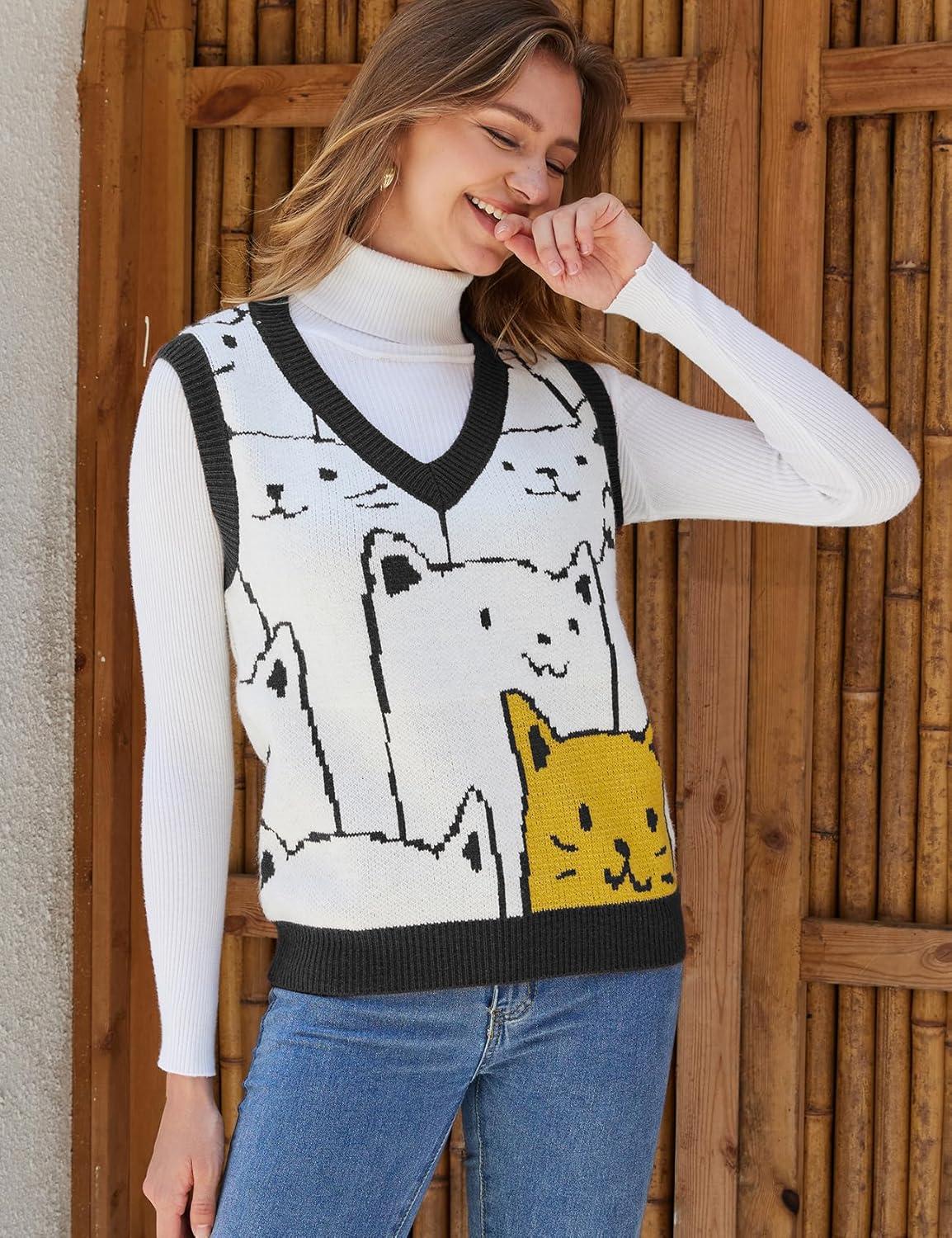 imageArssm Womens Cat Print Pullover Sweater Vest V Neck Sleeveless Knit Vests 2025 Pullover Knitted Tank TopBlack