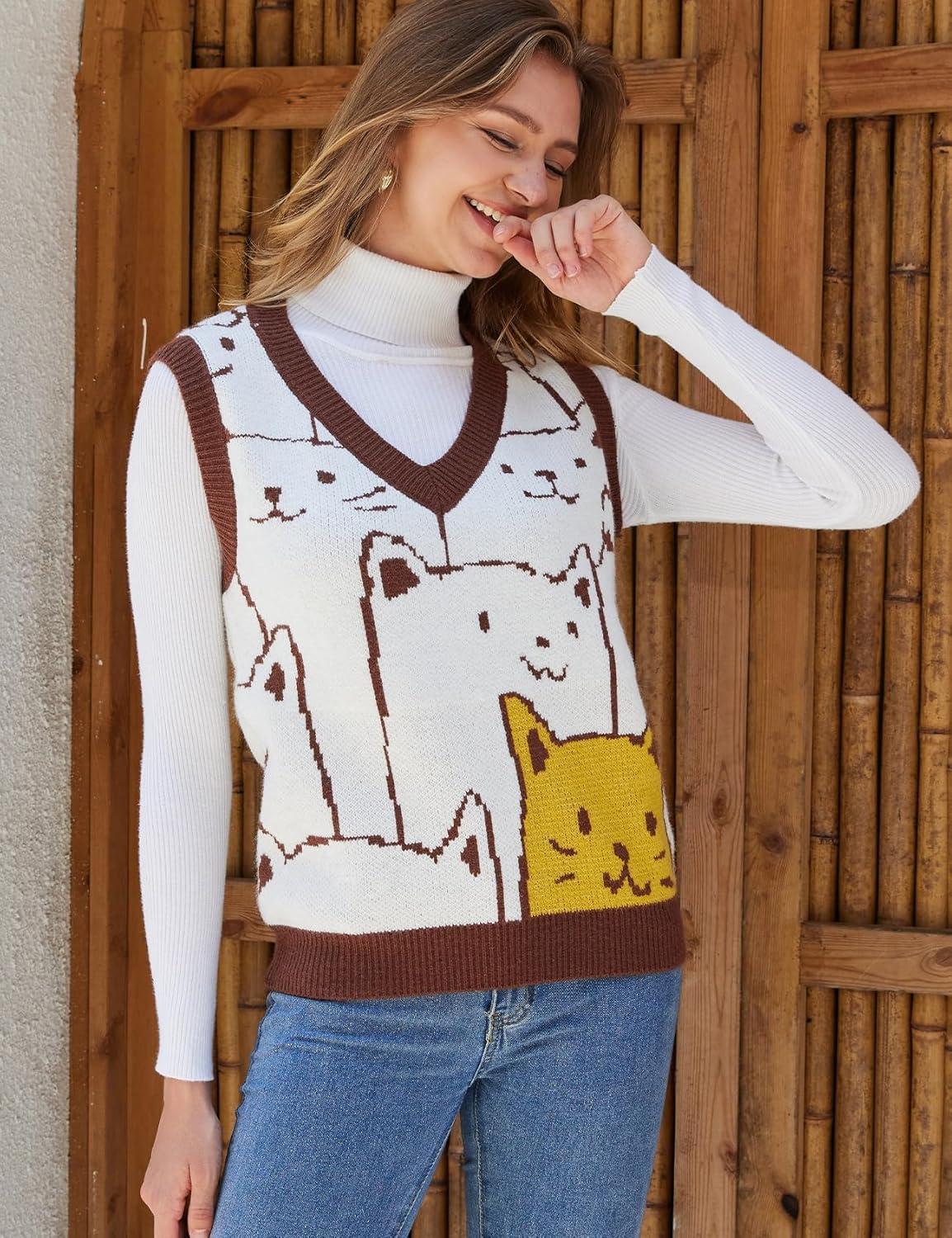 imageArssm Womens Cat Print Pullover Sweater Vest V Neck Sleeveless Knit Vests 2025 Pullover Knitted Tank TopBrown
