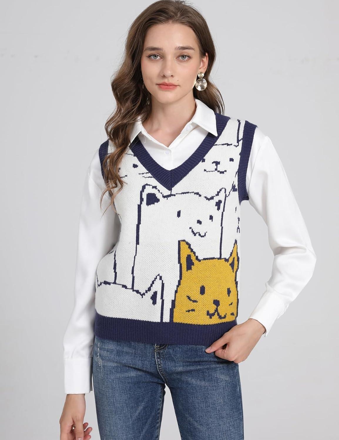 imageArssm Womens Cat Print Pullover Sweater Vest V Neck Sleeveless Knit Vests 2025 Pullover Knitted Tank TopNavy