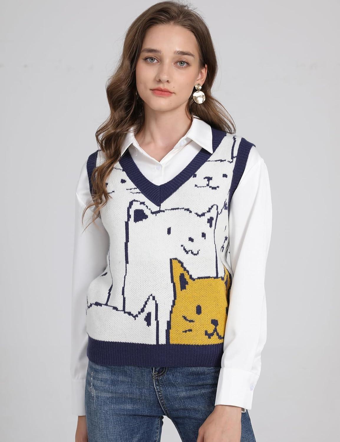 imageArssm Womens Cat Print Pullover Sweater Vest V Neck Sleeveless Knit Vests 2025 Pullover Knitted Tank TopNavy