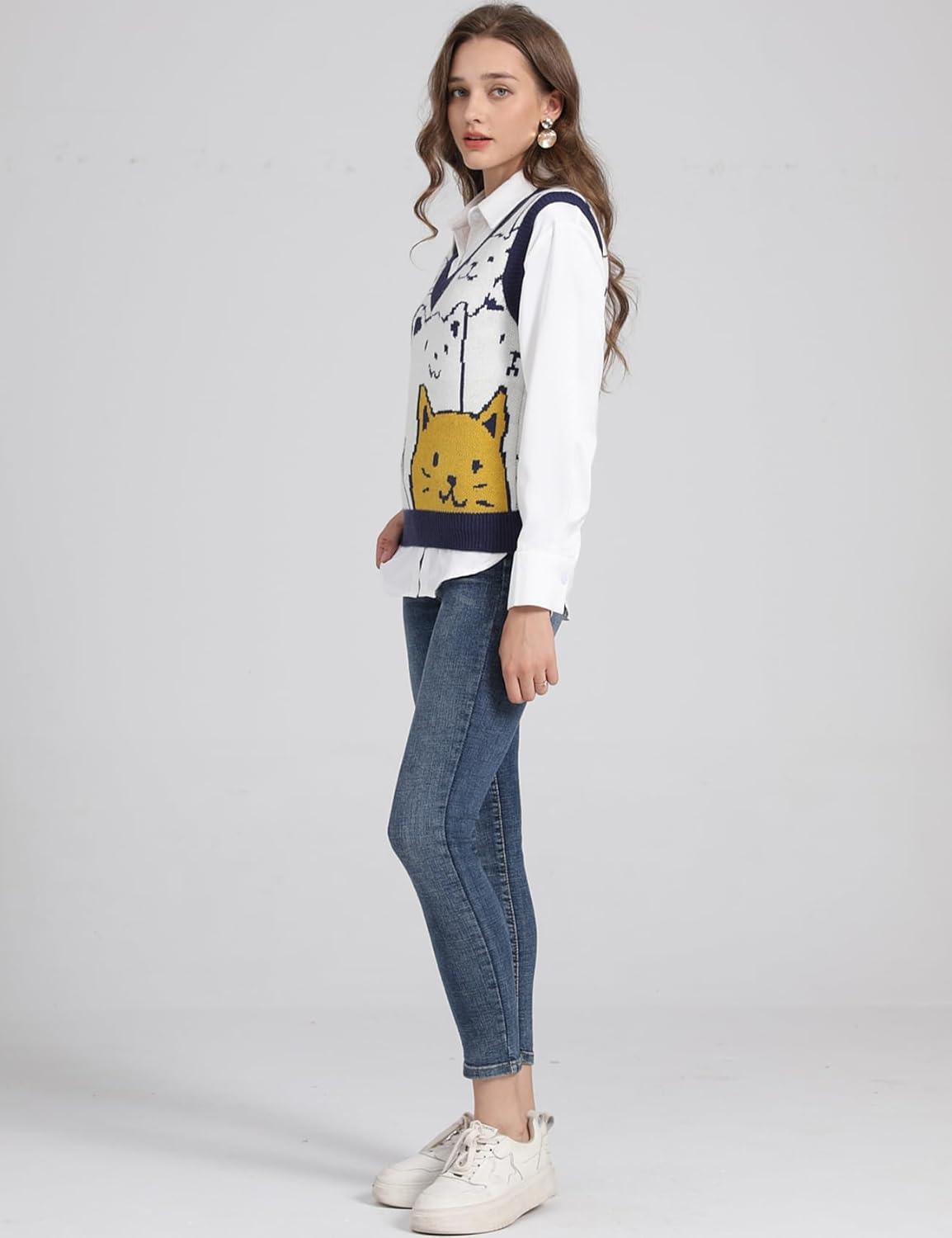 imageArssm Womens Cat Print Pullover Sweater Vest V Neck Sleeveless Knit Vests 2025 Pullover Knitted Tank TopNavy