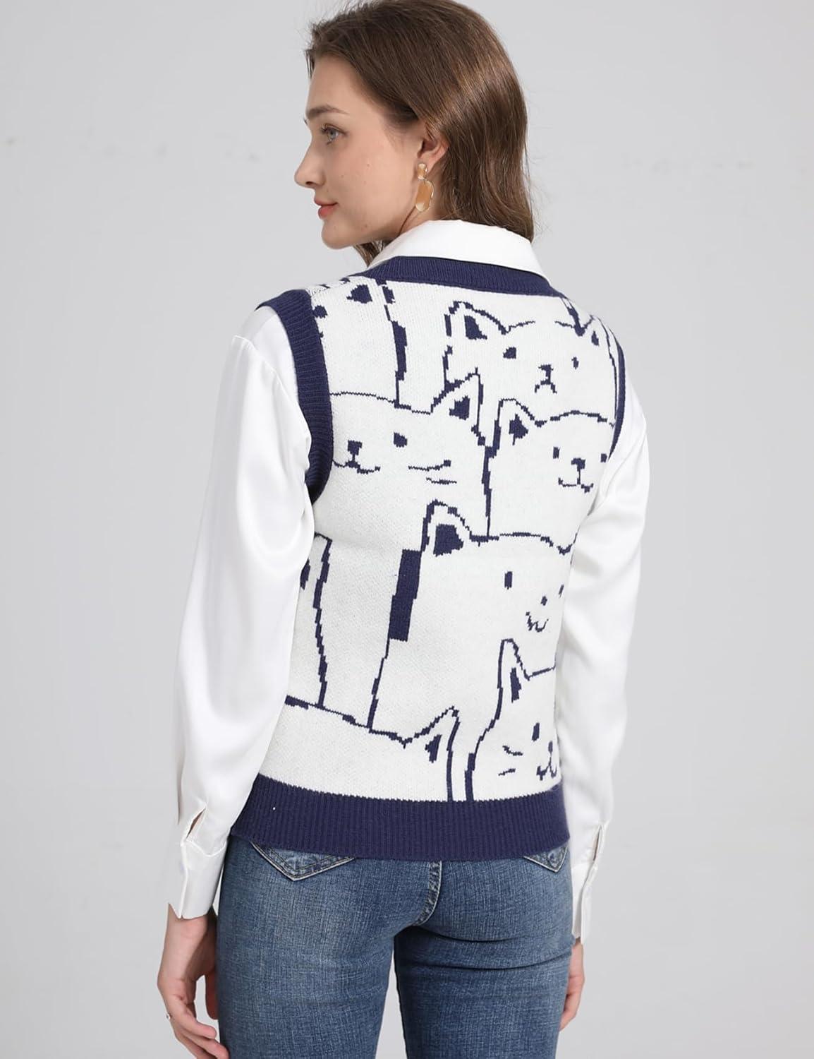 imageArssm Womens Cat Print Pullover Sweater Vest V Neck Sleeveless Knit Vests 2025 Pullover Knitted Tank TopNavy