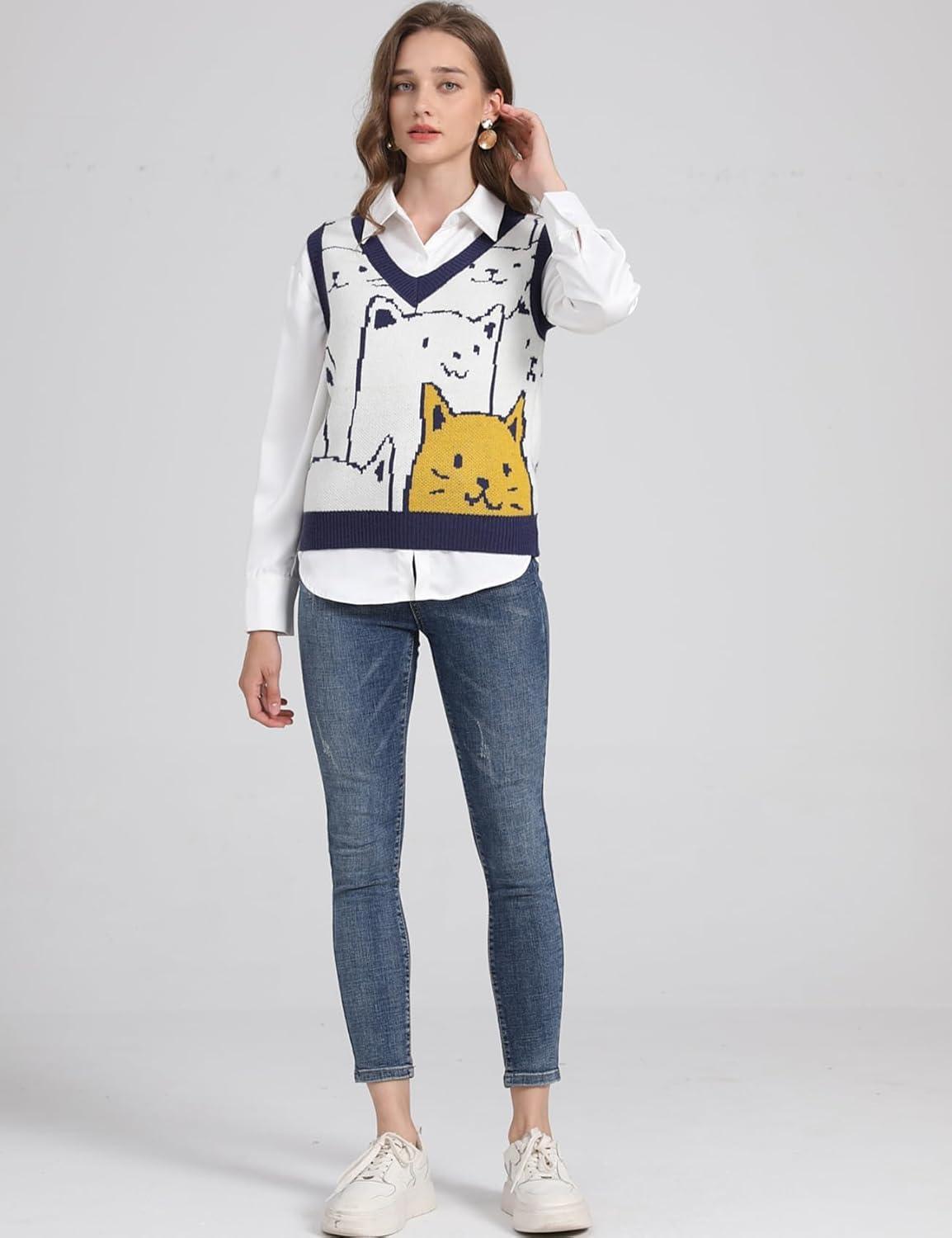 imageArssm Womens Cat Print Pullover Sweater Vest V Neck Sleeveless Knit Vests 2025 Pullover Knitted Tank TopNavy