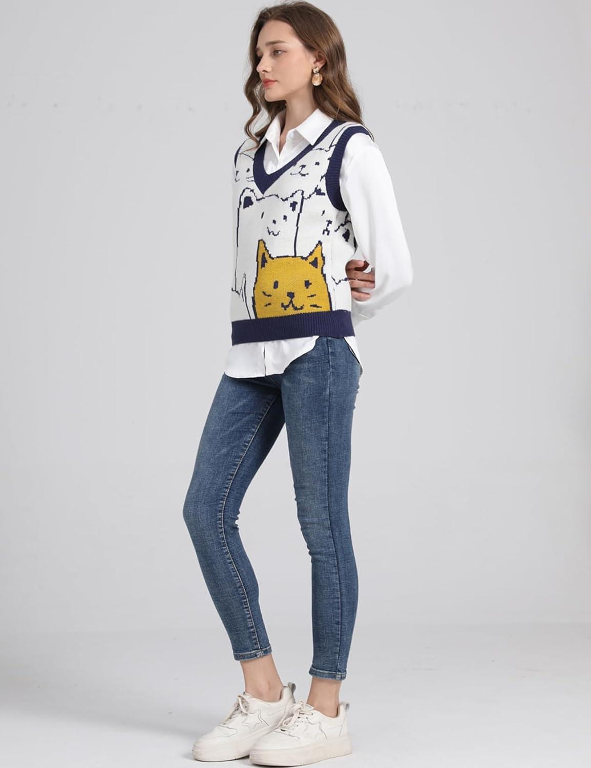 imageArssm Womens Cat Print Pullover Sweater Vest V Neck Sleeveless Knit Vests 2025 Pullover Knitted Tank TopNavy