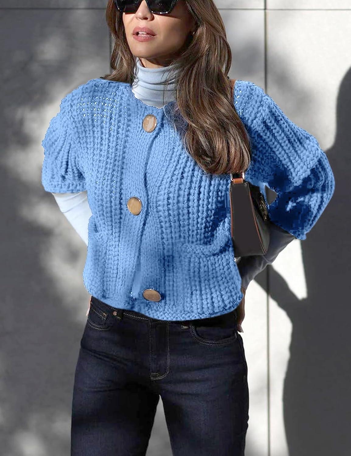 imageArssm Womens Cropped Cardigan Sweaters Chunky Open Front Button Down Knit Sweater Long Sleeve Loose Cardigan OuterwearBlueS