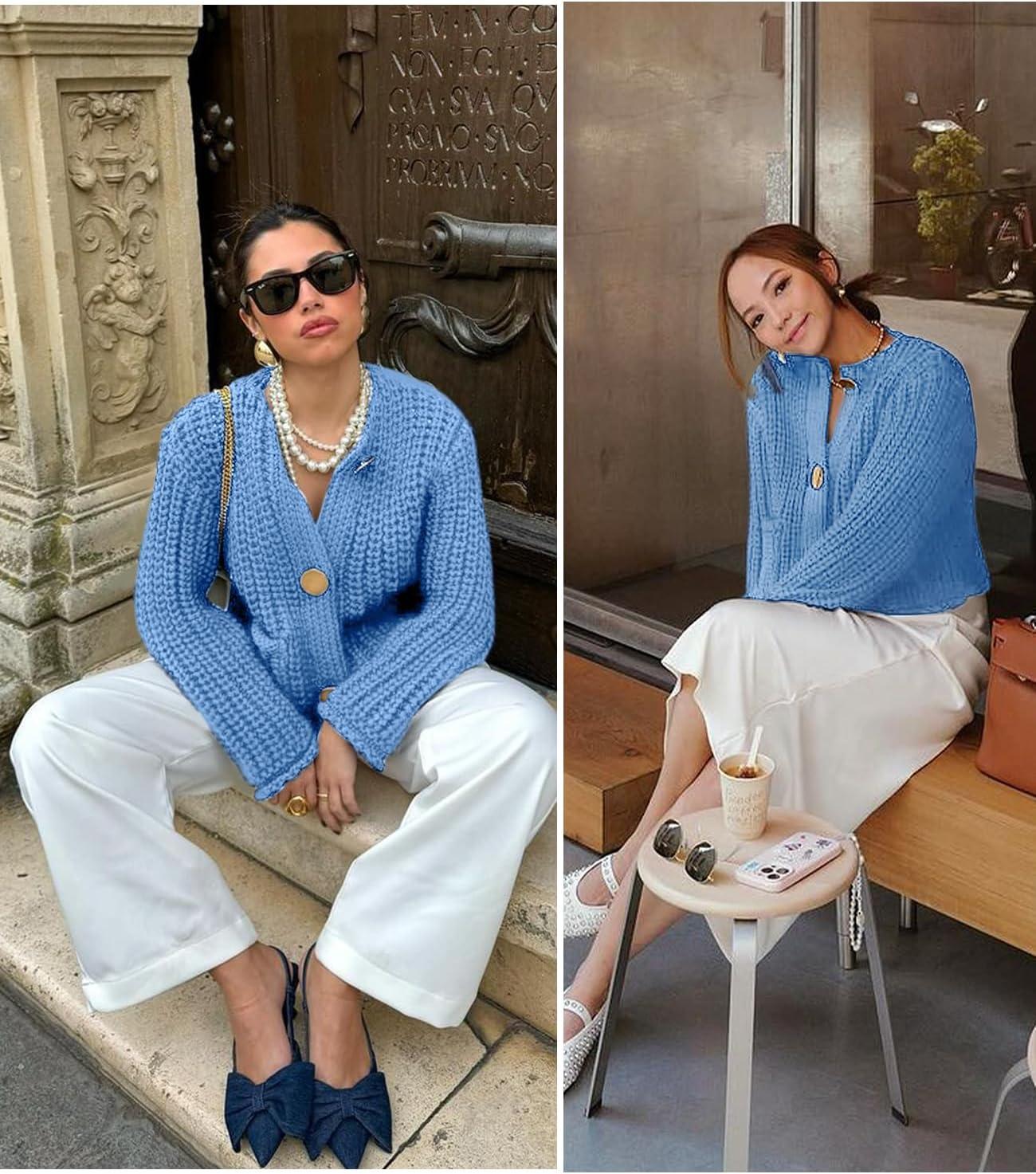 imageArssm Womens Cropped Cardigan Sweaters Chunky Open Front Button Down Knit Sweater Long Sleeve Loose Cardigan OuterwearBlueS