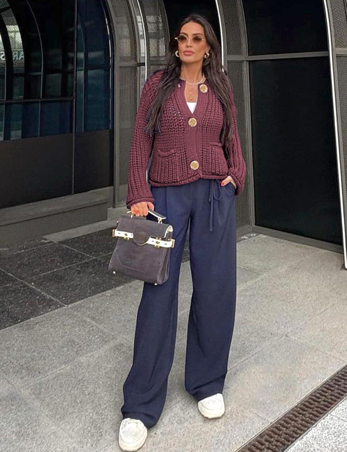 imageArssm Womens Cropped Cardigan Sweaters Chunky Open Front Button Down Knit Sweater Long Sleeve Loose Cardigan OuterwearDarkred