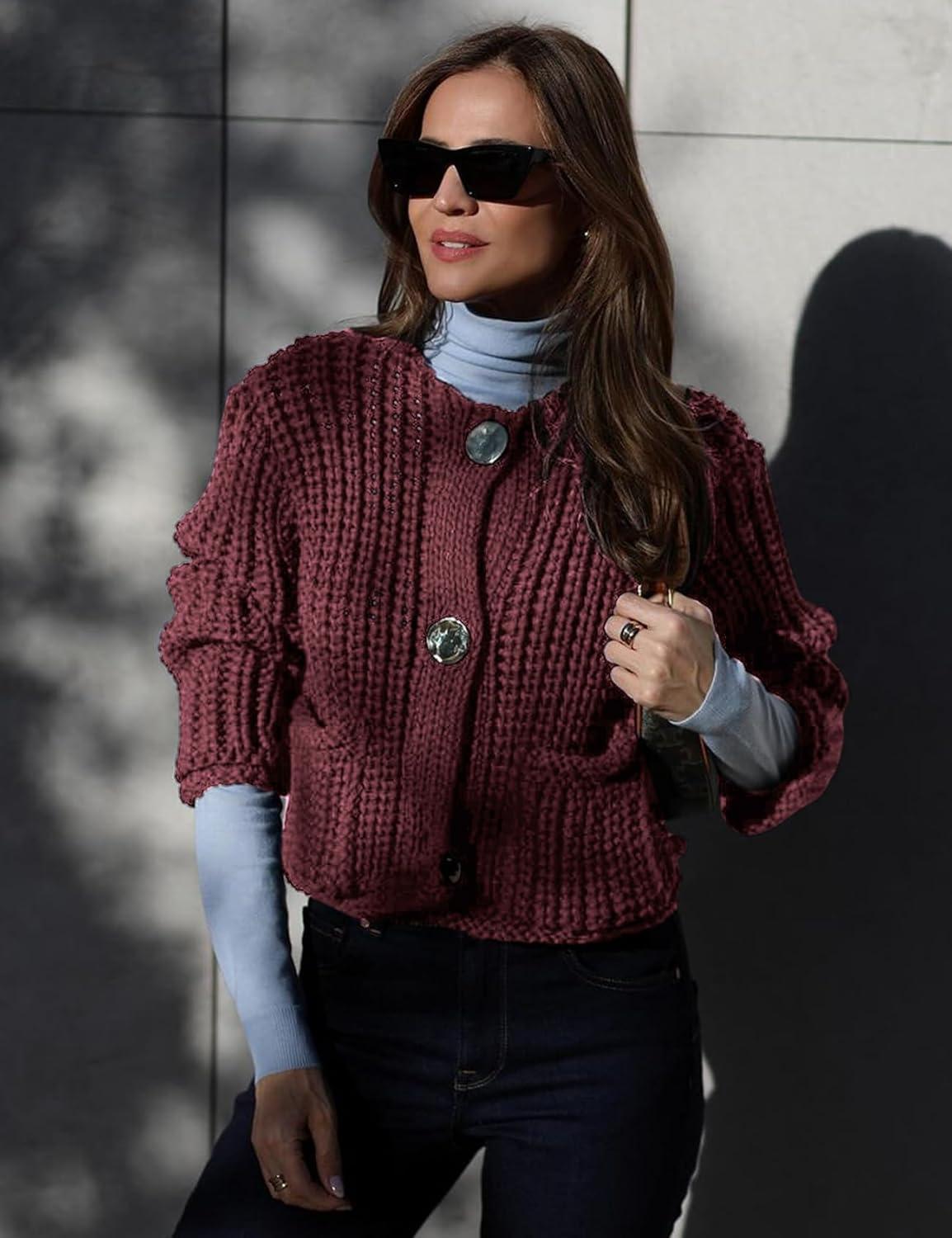 imageArssm Womens Cropped Cardigan Sweaters Chunky Open Front Button Down Knit Sweater Long Sleeve Loose Cardigan OuterwearDarkred