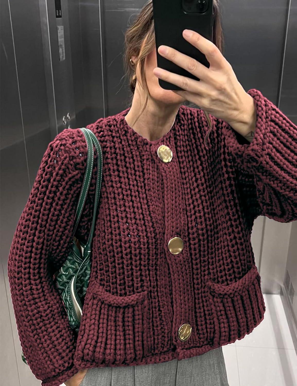 imageArssm Womens Cropped Cardigan Sweaters Chunky Open Front Button Down Knit Sweater Long Sleeve Loose Cardigan OuterwearDarkred