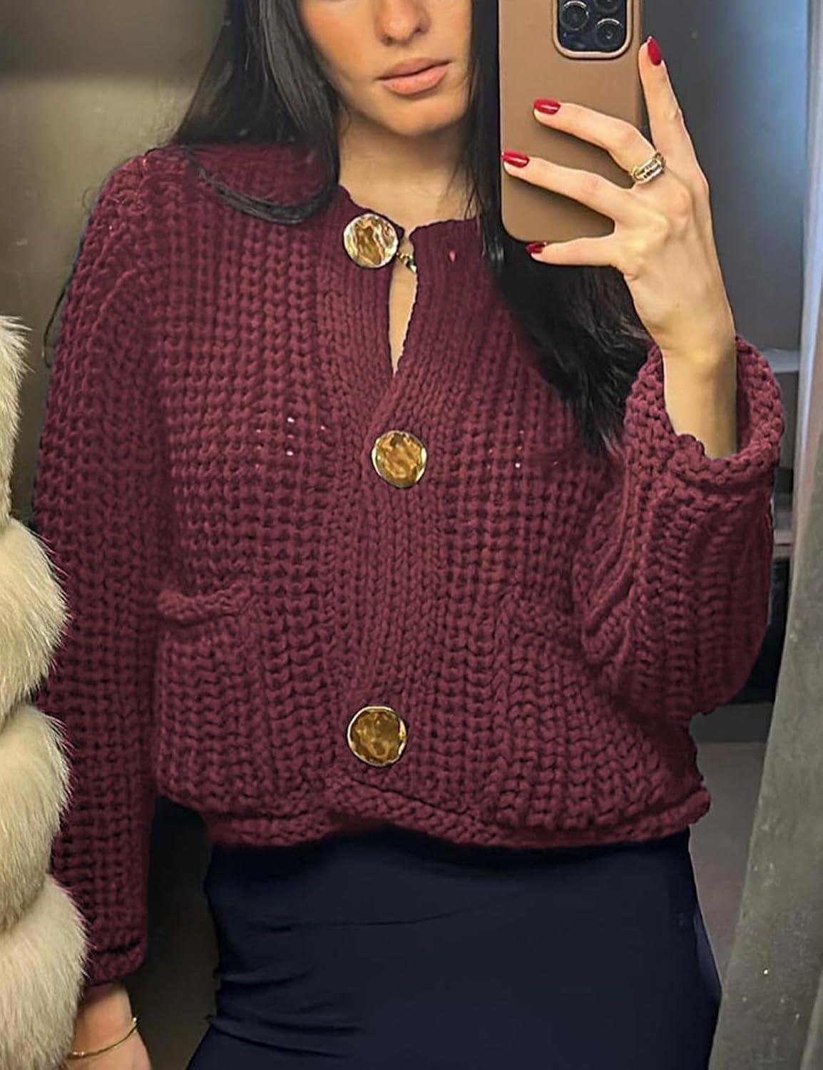 imageArssm Womens Cropped Cardigan Sweaters Chunky Open Front Button Down Knit Sweater Long Sleeve Loose Cardigan OuterwearDarkred