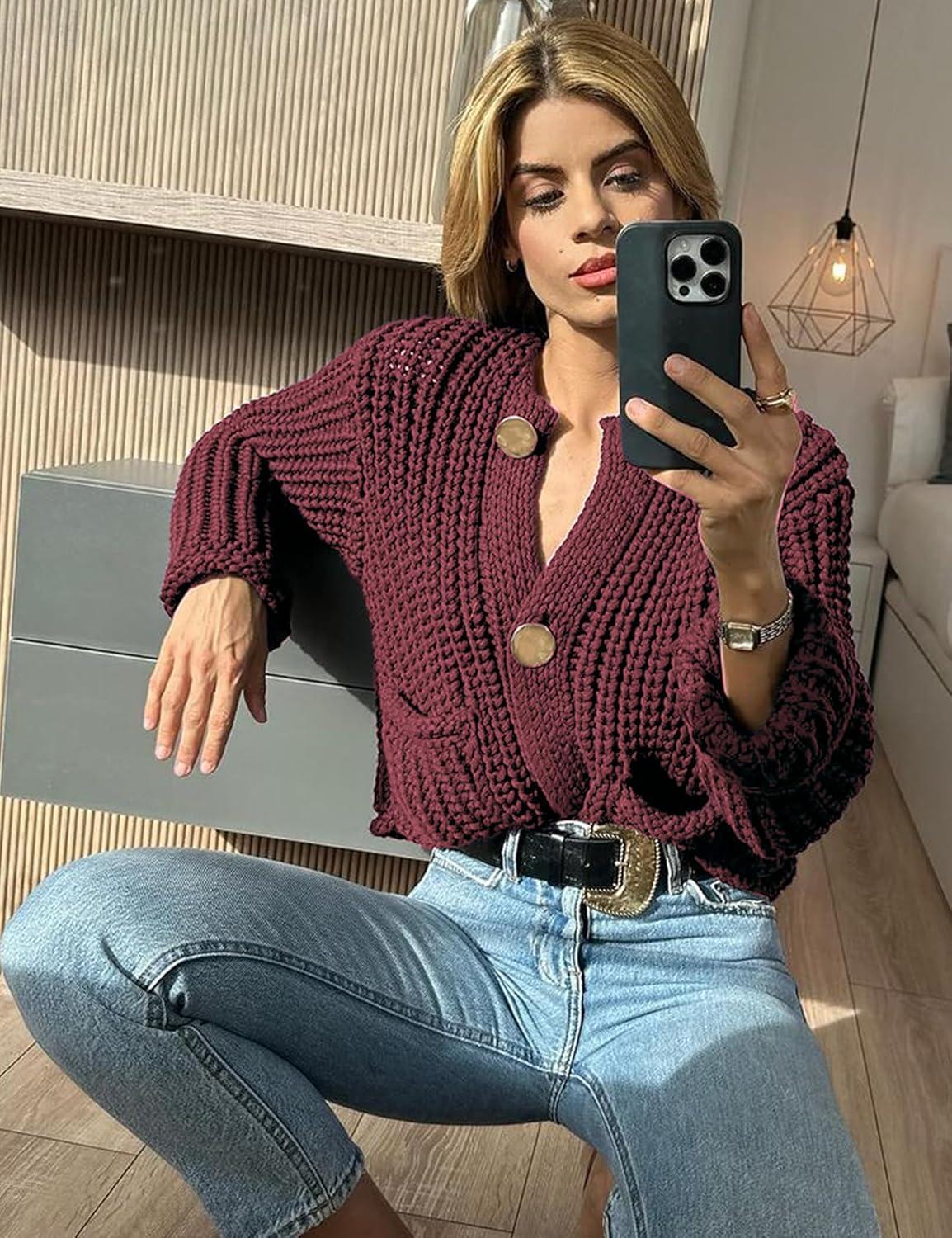 imageArssm Womens Cropped Cardigan Sweaters Chunky Open Front Button Down Knit Sweater Long Sleeve Loose Cardigan OuterwearDarkred