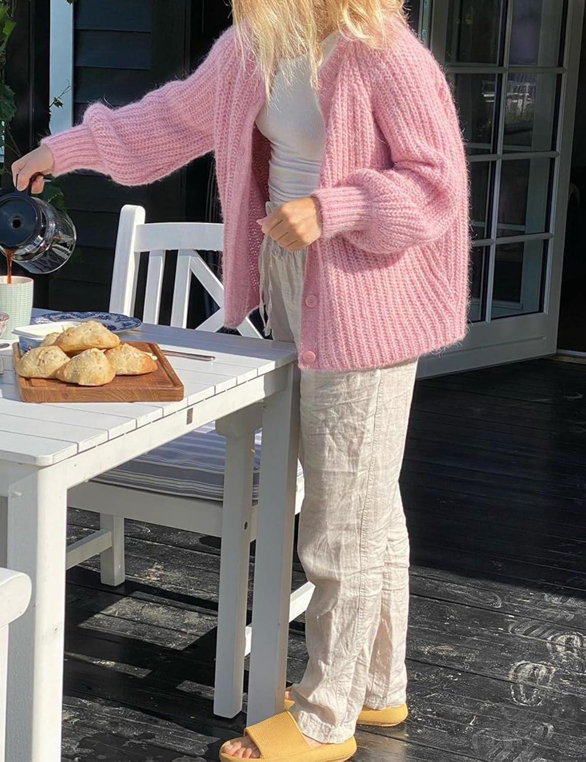 imageArssm Womens Cute Cardigan Sweater Long Sleeve Crewneck Button Down Cardigans Knit Top Fashion 2024 KnitwearPink