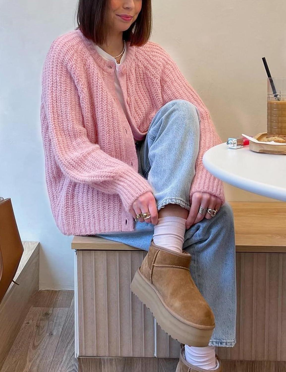 imageArssm Womens Cute Cardigan Sweater Long Sleeve Crewneck Button Down Cardigans Knit Top Fashion 2024 KnitwearPink