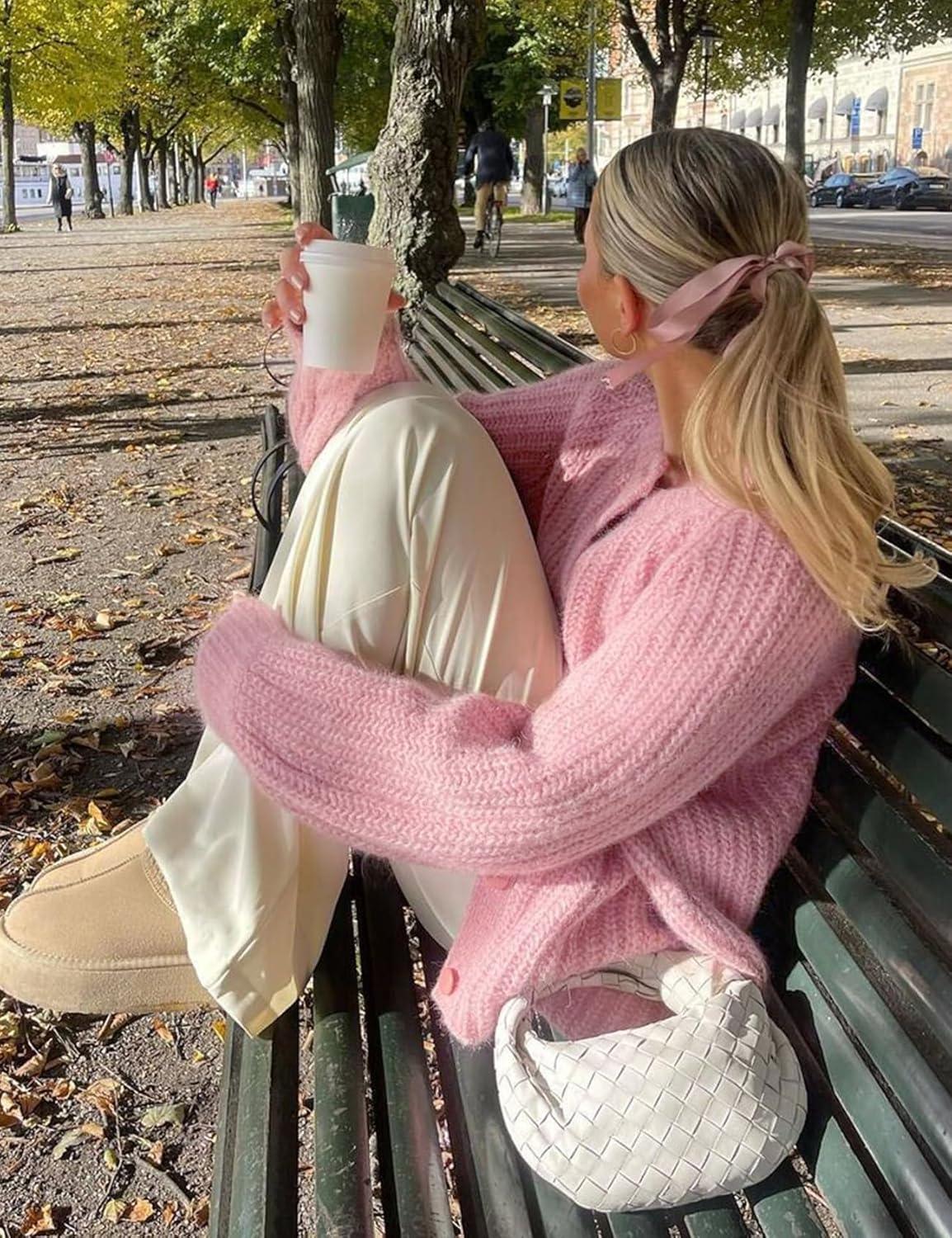 imageArssm Womens Cute Cardigan Sweater Long Sleeve Crewneck Button Down Cardigans Knit Top Fashion 2024 KnitwearPink