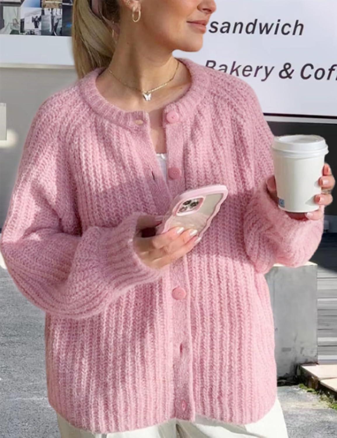 imageArssm Womens Cute Cardigan Sweater Long Sleeve Crewneck Button Down Cardigans Knit Top Fashion 2024 KnitwearPink