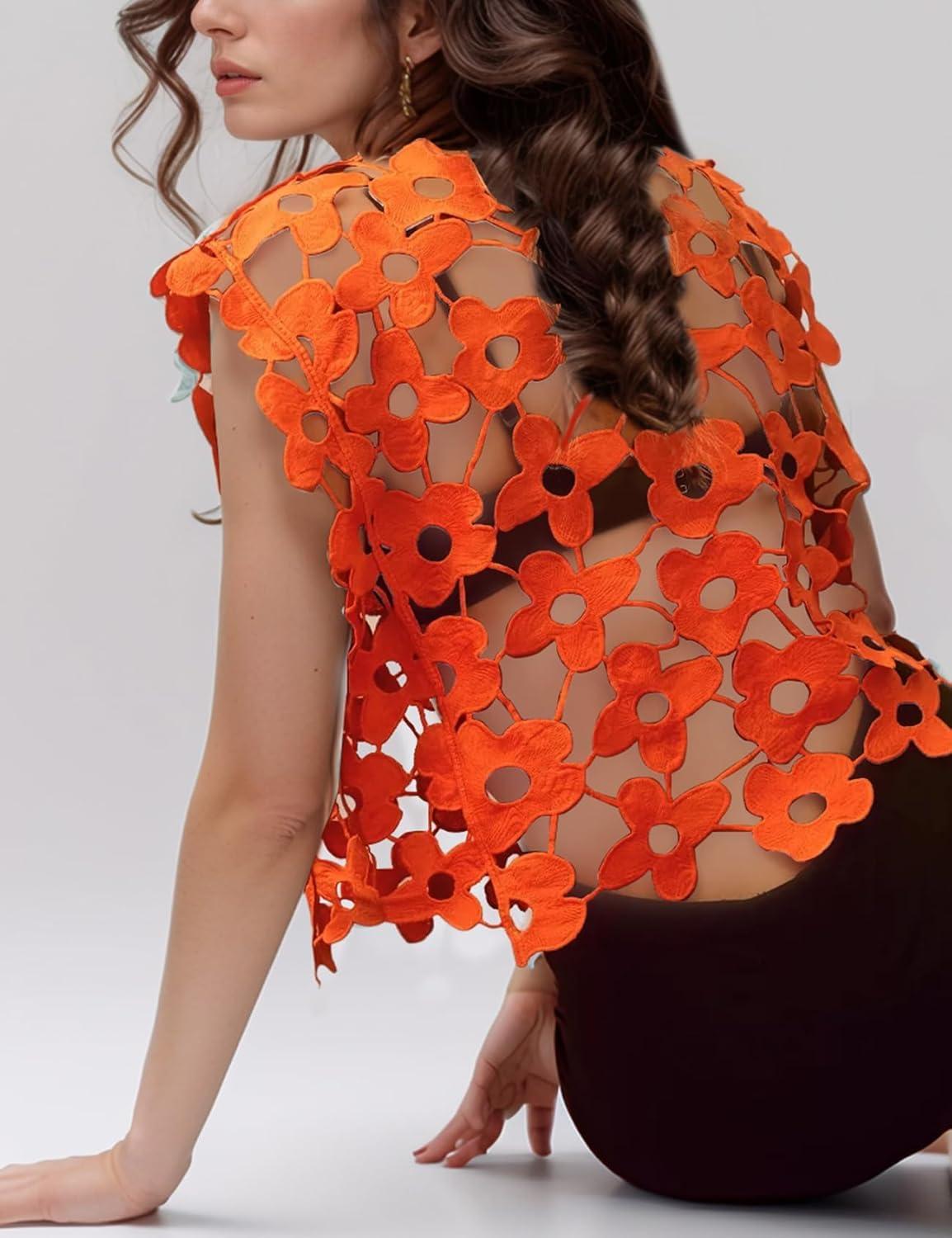 imageArssm Womens Floral Lace Vest Summer Hollow Out Crochet Tank Top Sleeveless Pullover Going Out Tops Crewneck Cover UpsOrange