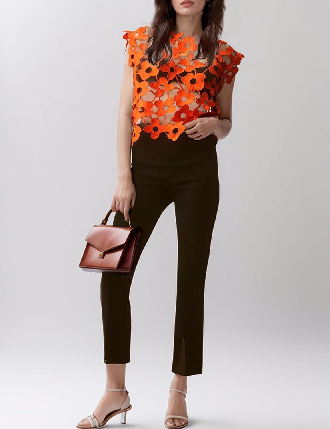 imageArssm Womens Floral Lace Vest Summer Hollow Out Crochet Tank Top Sleeveless Pullover Going Out Tops Crewneck Cover UpsOrange