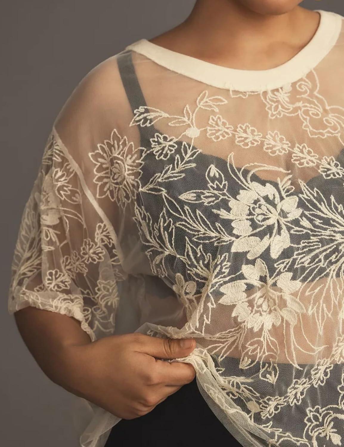 imageArssm Womens Lace Mesh Top Short Sleeve Floral Embroidered Sheer Blouse Sexy See Through Lace Layering ShirtsApricotXL