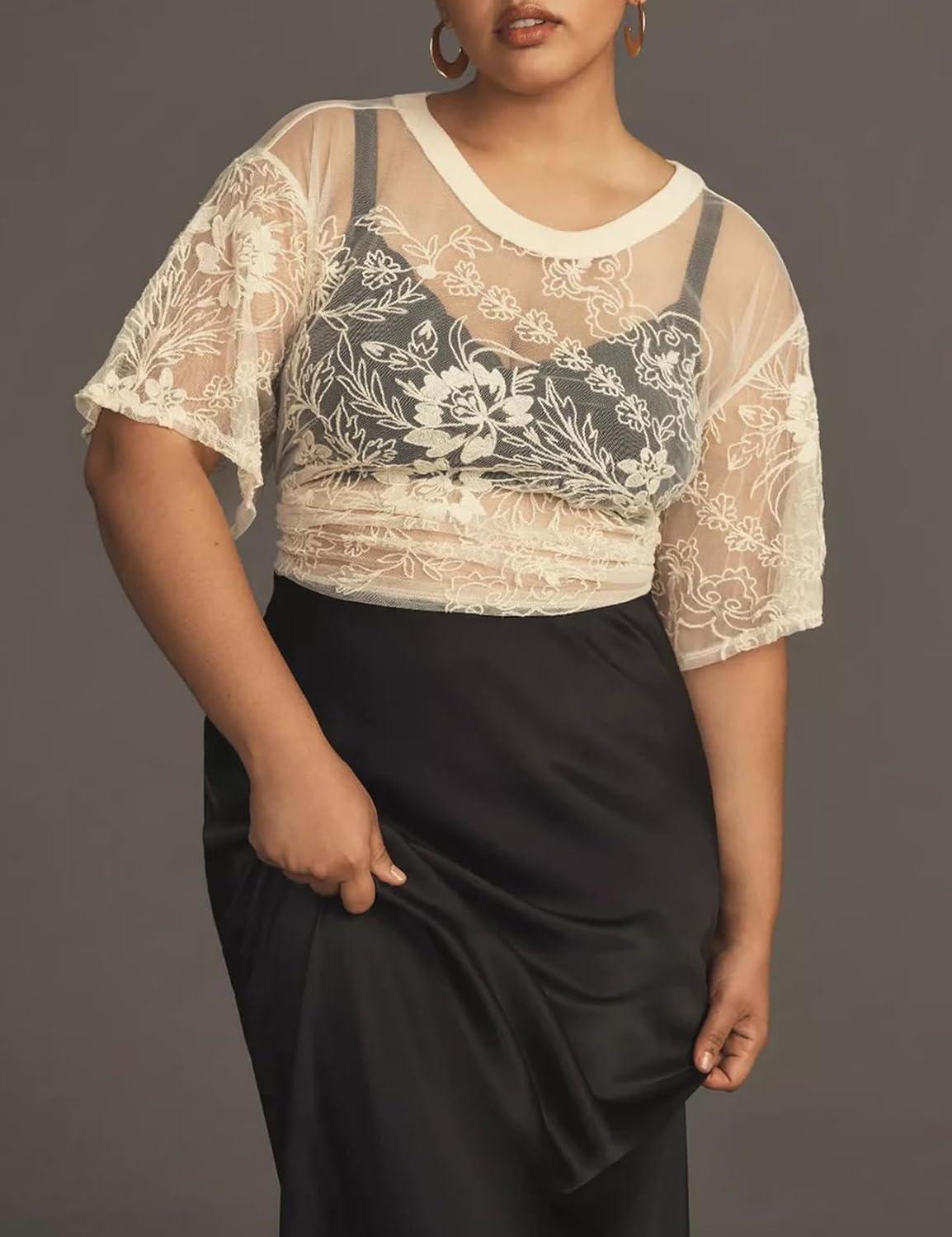 imageArssm Womens Lace Mesh Top Short Sleeve Floral Embroidered Sheer Blouse Sexy See Through Lace Layering ShirtsApricotXL