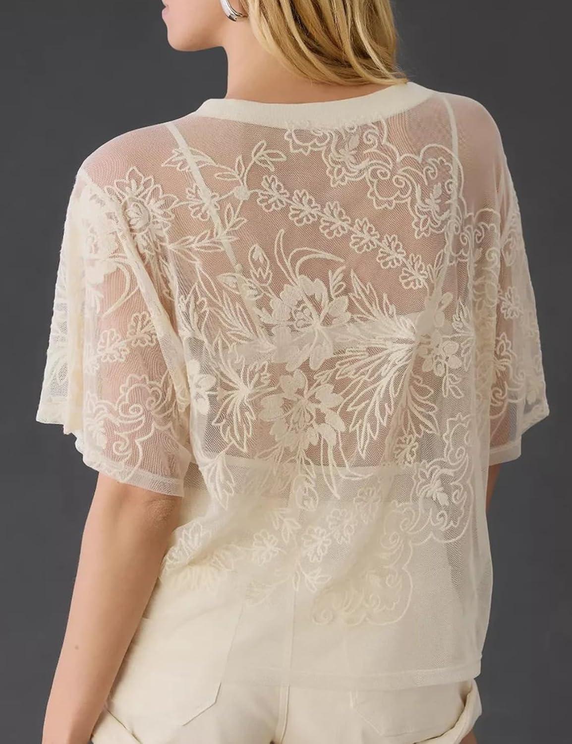 imageArssm Womens Lace Mesh Top Short Sleeve Floral Embroidered Sheer Blouse Sexy See Through Lace Layering ShirtsApricotXL