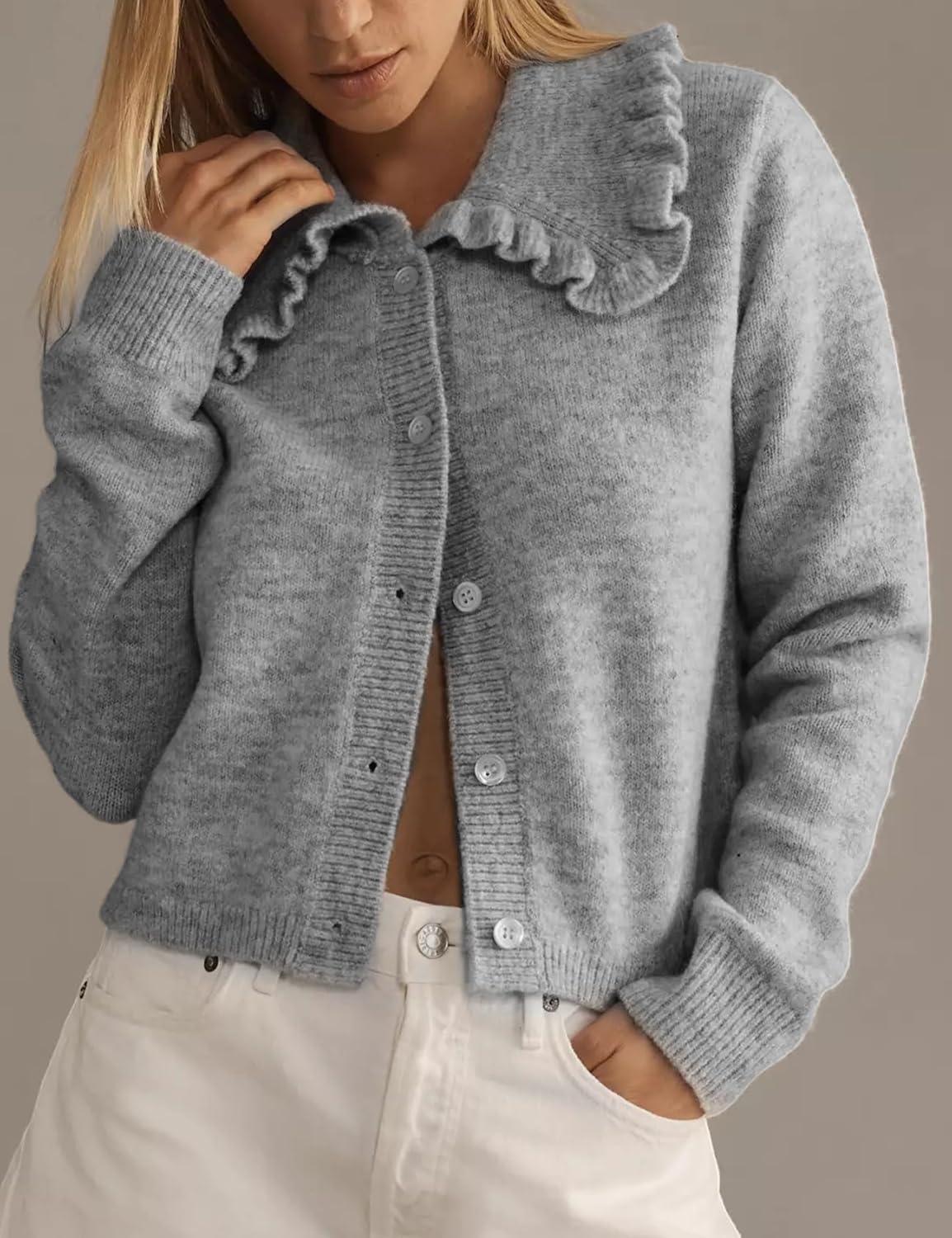 imageArssm Womens Ruffle Collar Cardigan Cropped Button Down Open Front Sweaters Knitted Long Sleeve Fall 2025 Elegant OutwearGrey