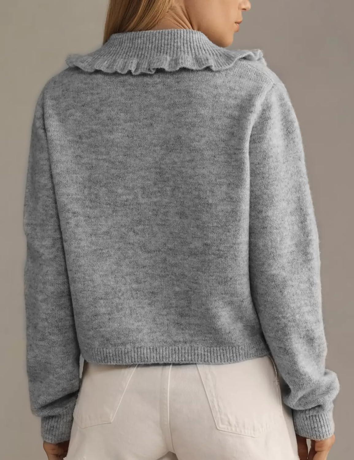 imageArssm Womens Ruffle Collar Cardigan Cropped Button Down Open Front Sweaters Knitted Long Sleeve Fall 2025 Elegant OutwearGrey