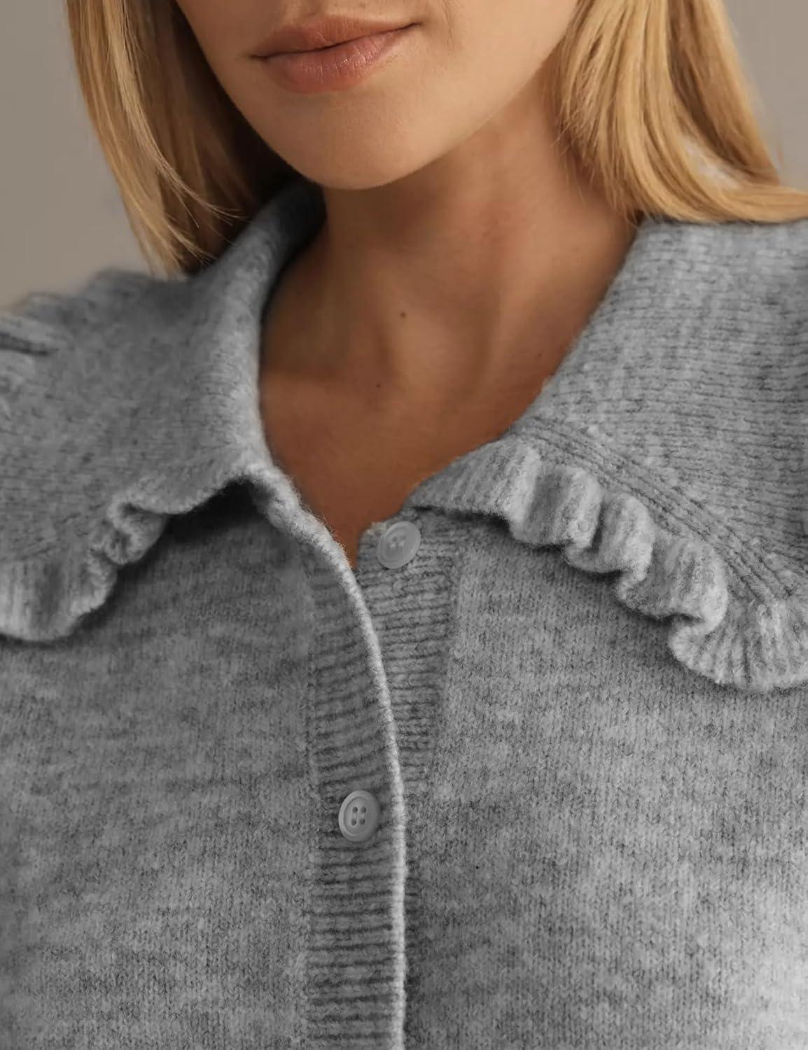 imageArssm Womens Ruffle Collar Cardigan Cropped Button Down Open Front Sweaters Knitted Long Sleeve Fall 2025 Elegant OutwearGrey