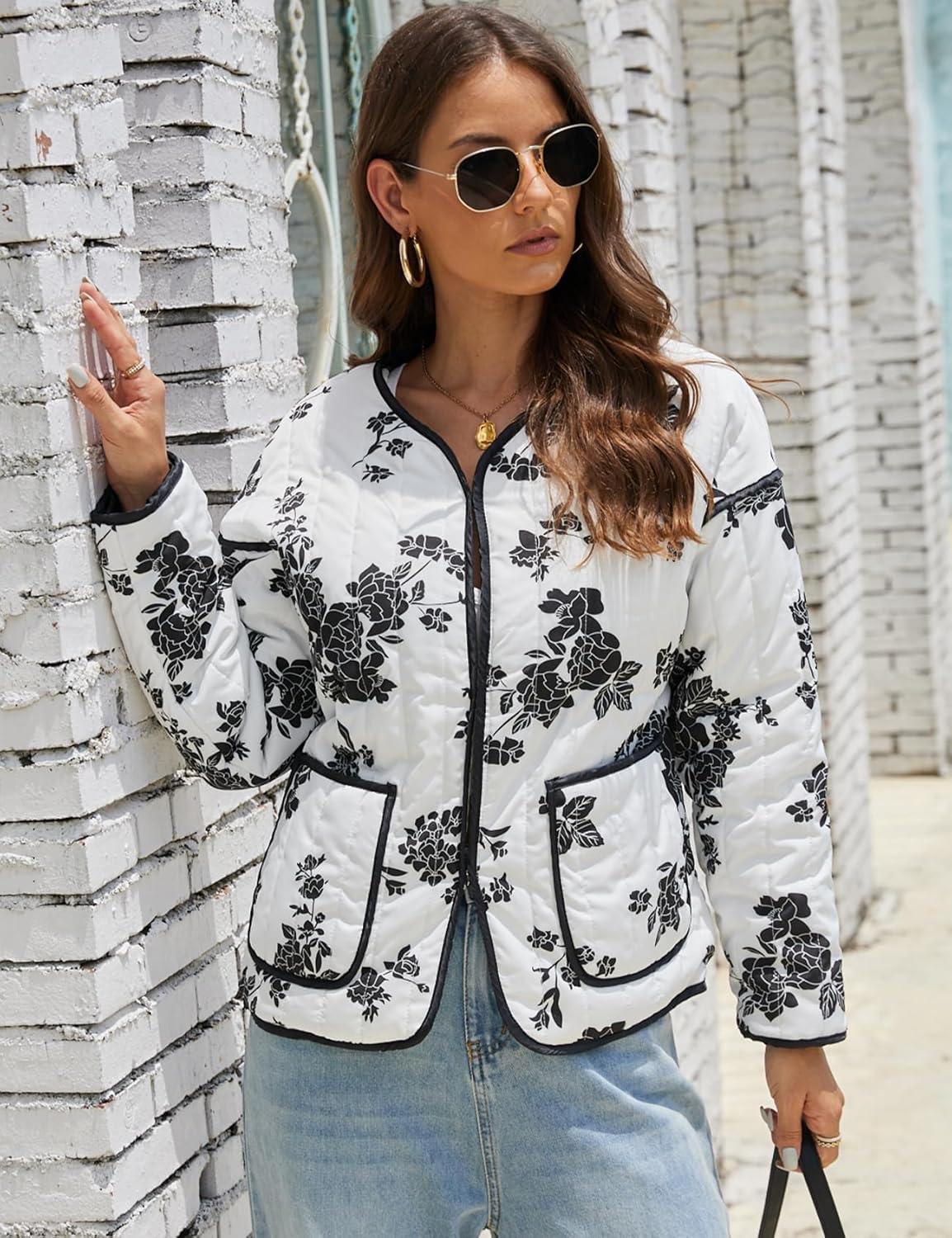imageWomens Cropped Puffer Quilted Jacket Lightweight Long Sleeve Padded Floral Print Puffy Cardigan Outwear CoatWhite