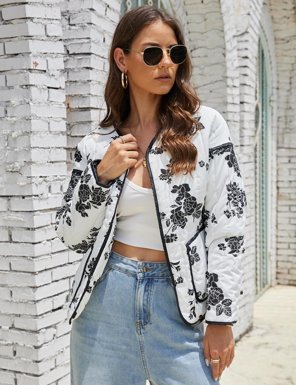 imageWomens Cropped Puffer Quilted Jacket Lightweight Long Sleeve Padded Floral Print Puffy Cardigan Outwear CoatWhite