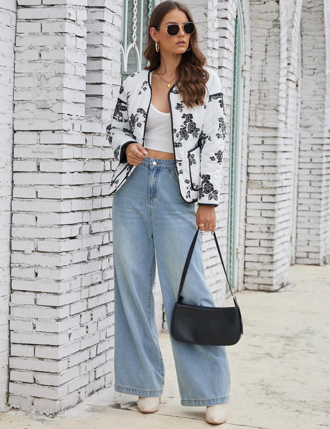 imageWomens Cropped Puffer Quilted Jacket Lightweight Long Sleeve Padded Floral Print Puffy Cardigan Outwear CoatWhite